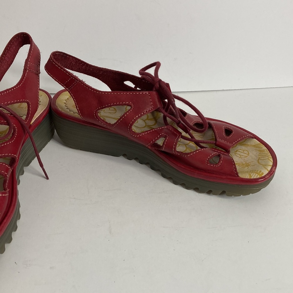 Fly London Sandals Womens 38 Red Leather Lace Up Platform Shoes Comfy - Picture 6 of 14